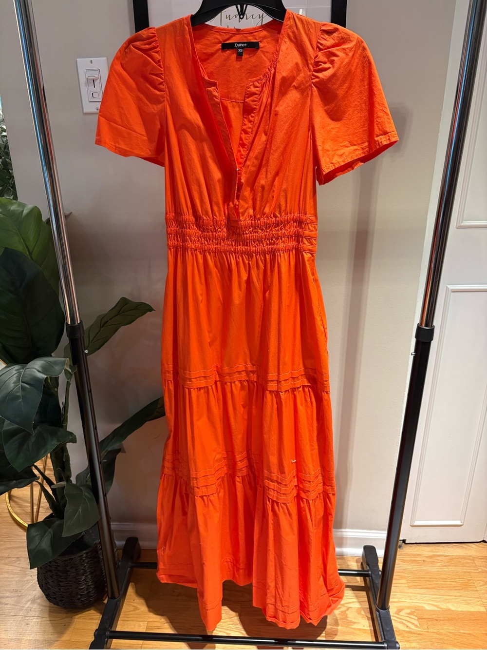 Quince 100% Organic Cotton Tiered Maxi Dress in Vermilion Orange/Red - Size XS